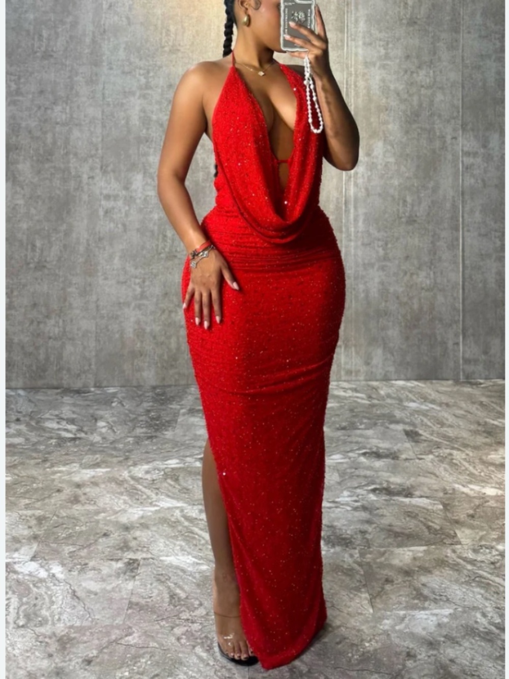 Viva Rhinestone Beaded Halter Maxi Dress